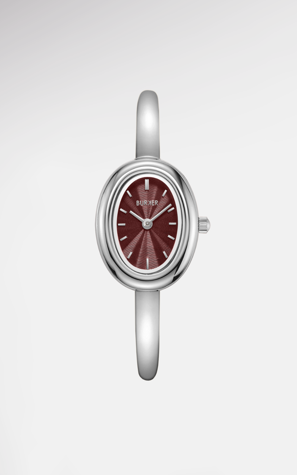 Silver-tone BURKER bangle watch with an oval burgundy dial.