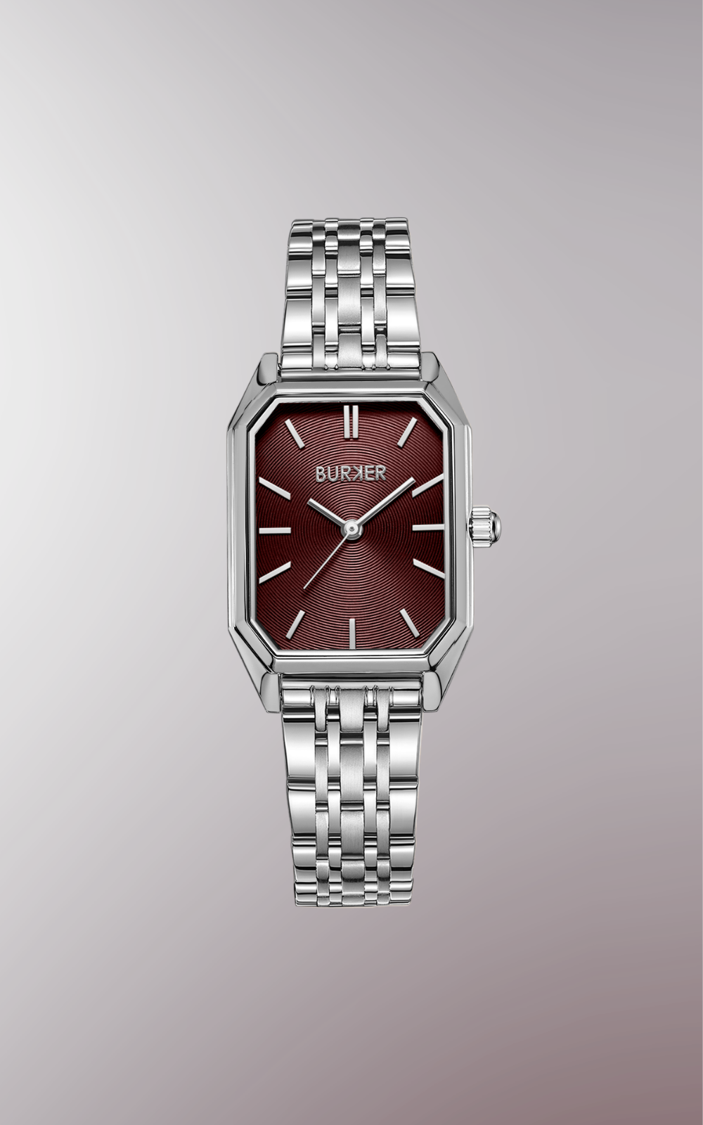 Silver-tone BURKER watch with a rectangular burgundy dial and a link bracelet.