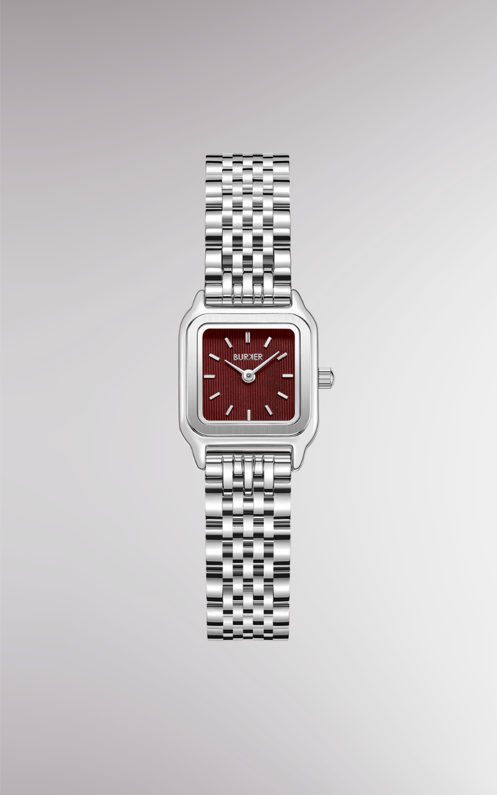 Silver-tone BURKER watch with a square burgundy dial and a link bracelet.